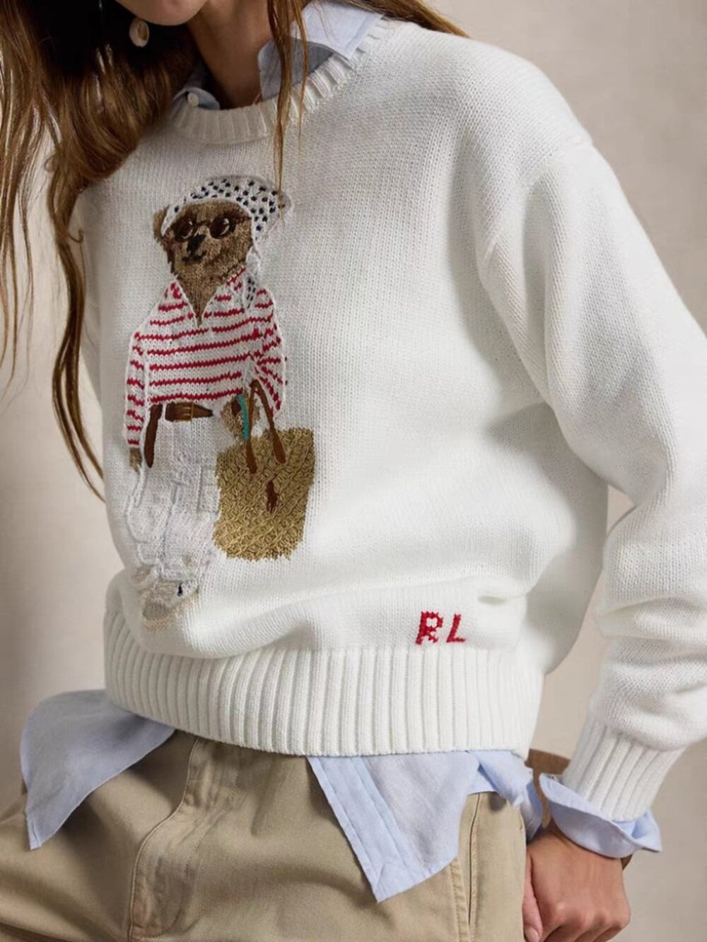 Ralph Lauren White Lady Bear Knit Sweater